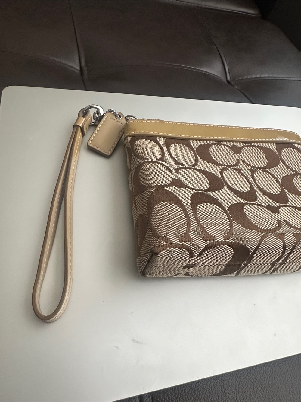 Coach Signature Canvas Wristlet with Tan Patent Leather Trim - Picture 8 of 10